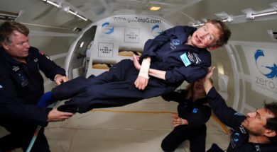 A famous scientist floating in zero gravity