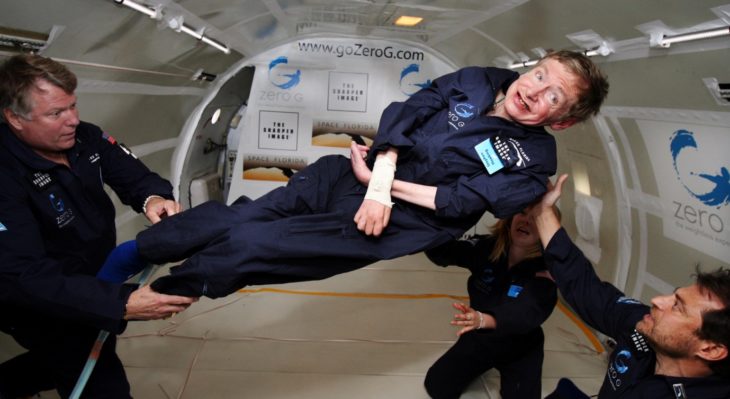 A famous scientist floating in zero gravity