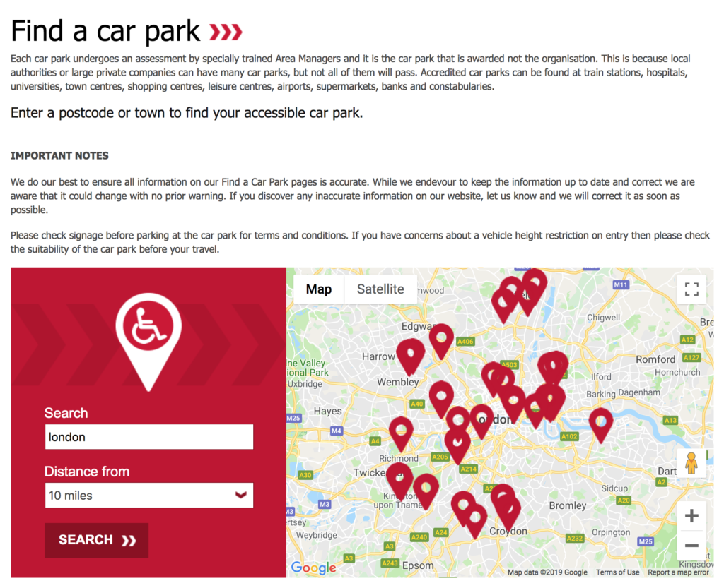 disabled friendly car park finder online tool